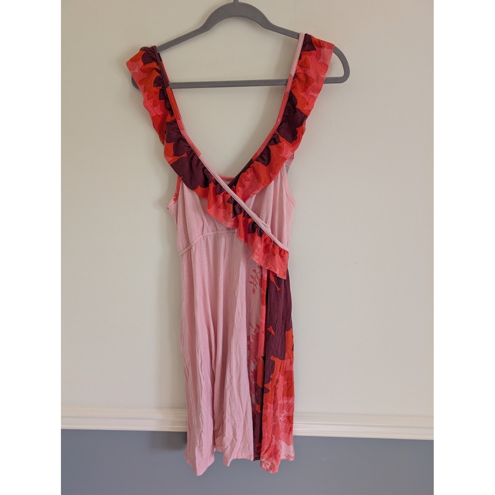 Free People Pink Red Floral Ruffle Surplice Mini Dress Large boho flowy